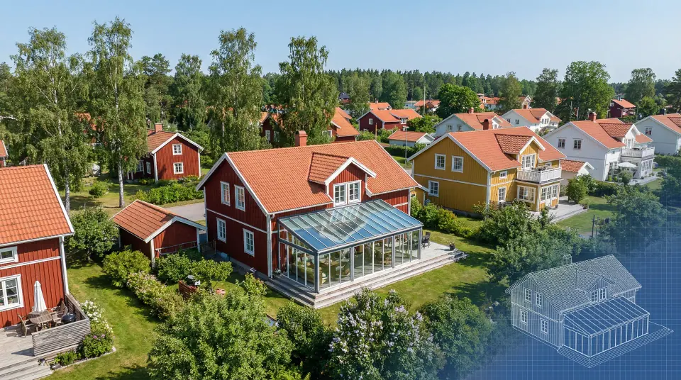 Svensk villa med uterum och trädgård