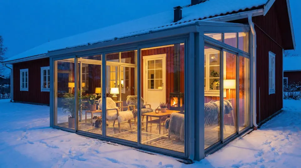 Vinterbonat uterum med snö utanför