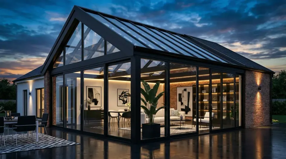 Villa med modernt uterum och trädgård